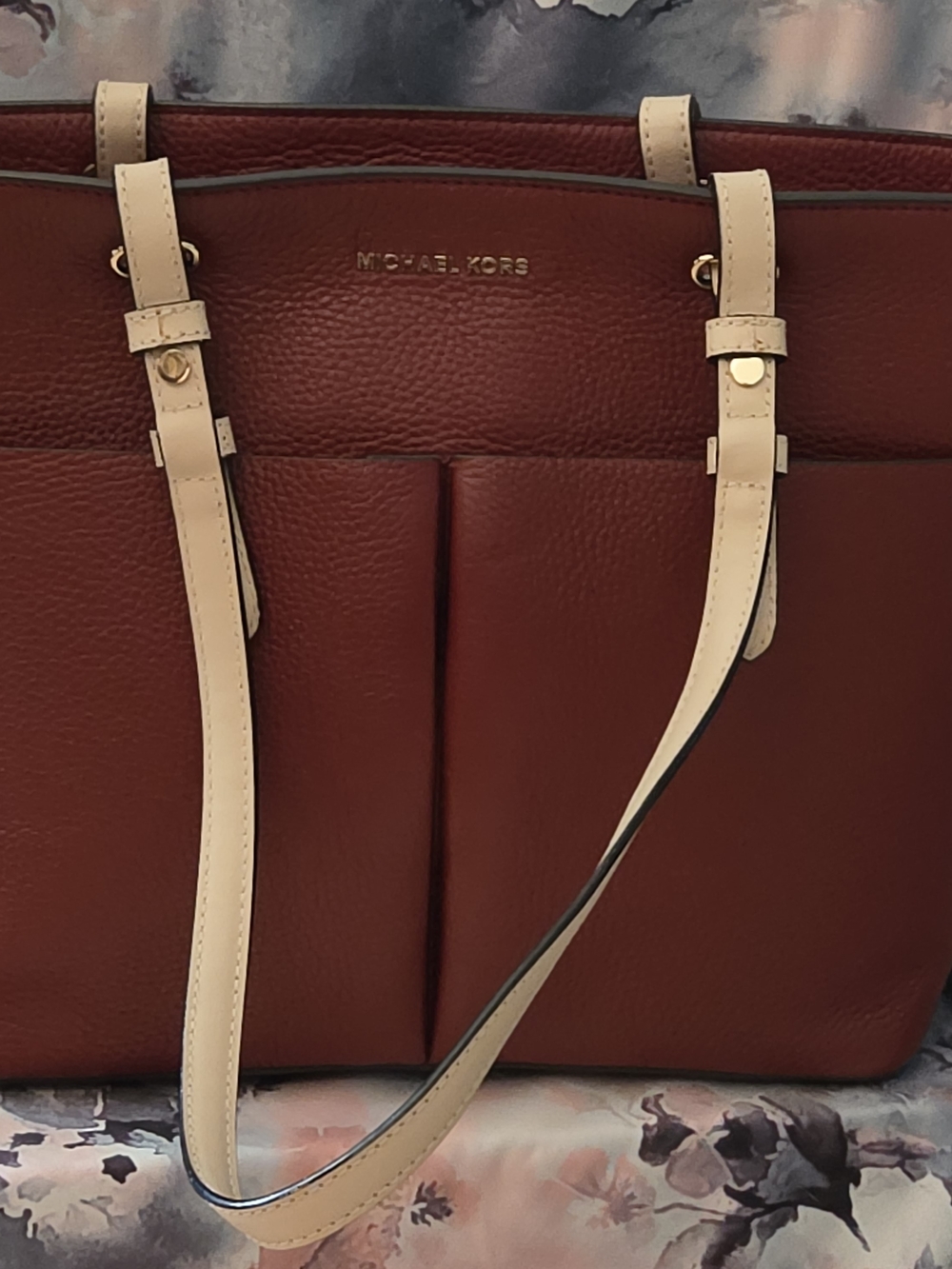 Michael Kors Burgundy Leather Tote with Cream Straps